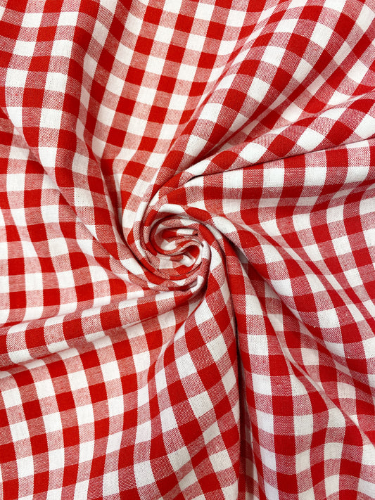 Ruutu, punainen, puuvilla, sisustus- ja asustekangas